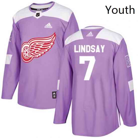 Youth Adidas Detroit Red Wings 7 Ted Lindsay Authentic Purple Fights Cancer Practice NHL Jersey